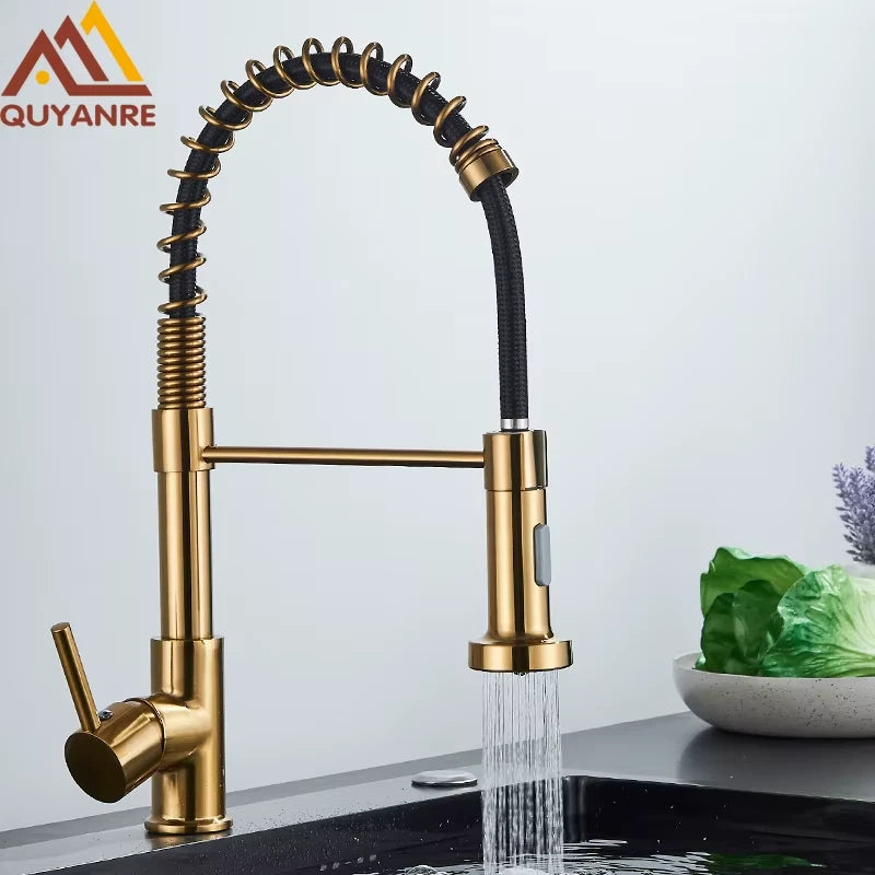 Brushed Gold Kitchen Faucet Pull Down 2-way Spray Single Handle Hot Cold Water Mixer Tap 360 Rotation