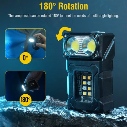 Rotatable EDC LED Flashlight Type-C Rechargeable Power Bank Torch with Magnet Clip Work Light Fishing