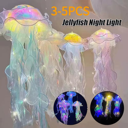3 Pcs Jellyfish Atmosphere Night Light Button Battery Hanging Ceiling Lantern with Ribbon&Bead LED Bulbs