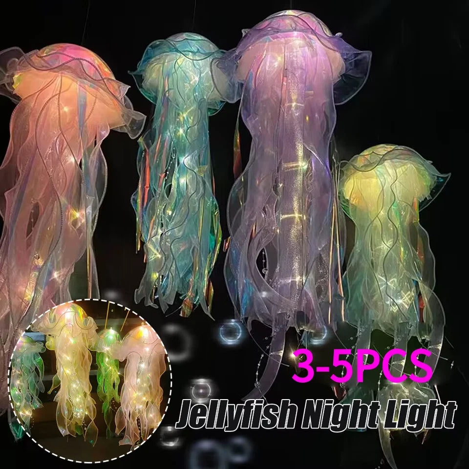 3 Pcs Jellyfish Atmosphere Night Light Button Battery Hanging Ceiling Lantern with Ribbon&Bead LED Bulbs