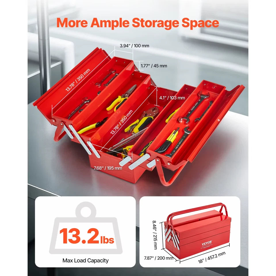 18in Metal Tool Box 3 Tier 5 Tray Portable Folding Tool Chest Organizer with Handle Toolbox for Warehouse