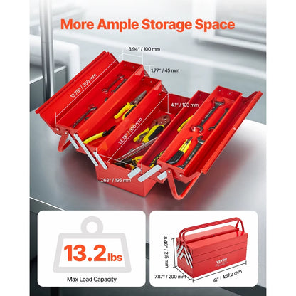 18in Metal Tool Box 3 Tier 5 Tray Portable Folding Tool Chest Organizer with Handle Toolbox for Warehouse