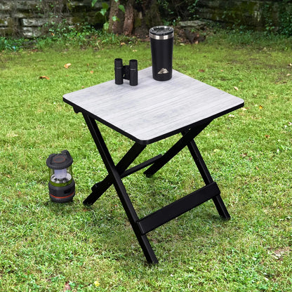 19 Inch Plastic Folding Side Table Gray Wood Grain, Lightweight Outdoor Camp Table for Patio Deck Camping