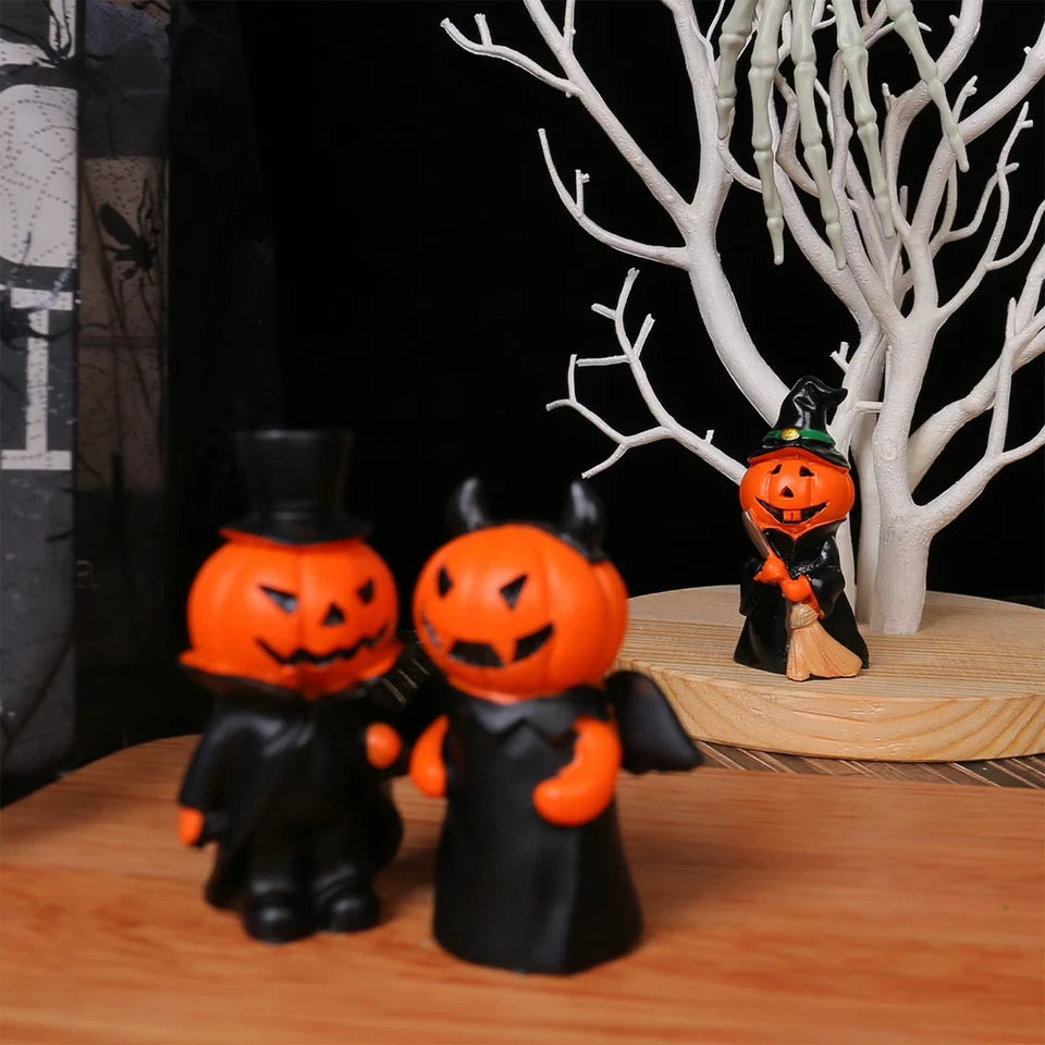 3pcs Halloween Pumpkin Demon Figurines Wizard Hat Devil Horns Pumpkin Head Decor for Home Party Office