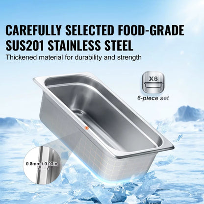 6 Pack Buffet Chafing Dishes 3.8L Gastronorm Pans Steam Table Pans Tray Stainless Steel Food Container