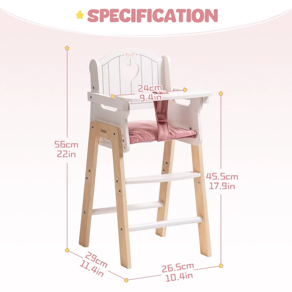 Play High Chair Pretend Play High Chair with Cushion Movable Table Wooden Baby Doll Accessories