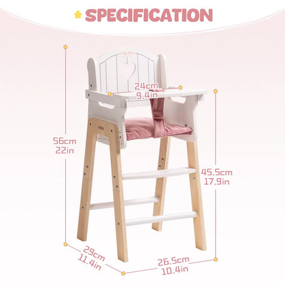 Play High Chair Pretend Play High Chair with Cushion Movable Table Wooden Baby Doll Accessories
