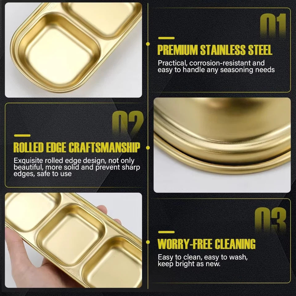 3Pcs Stainless Steel Dipping Bowls 3 Compartment Appetizer Serving Tray Soy Sauce Dish for Condiments