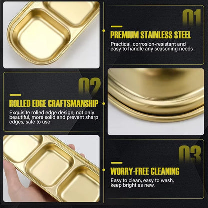 3Pcs Stainless Steel Dipping Bowls 3 Compartment Appetizer Serving Tray Soy Sauce Dish for Condiments