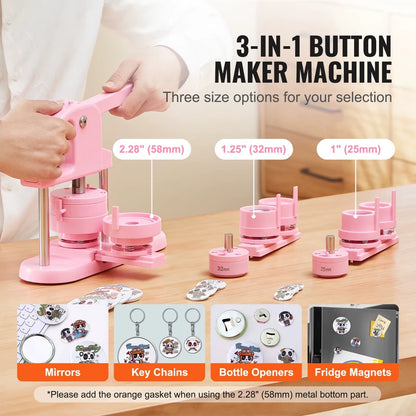 3 IN 1 Button Maker Button Maker Machine with Panda Magic Book Ergonomic Arc Handle Punch Press Kit
