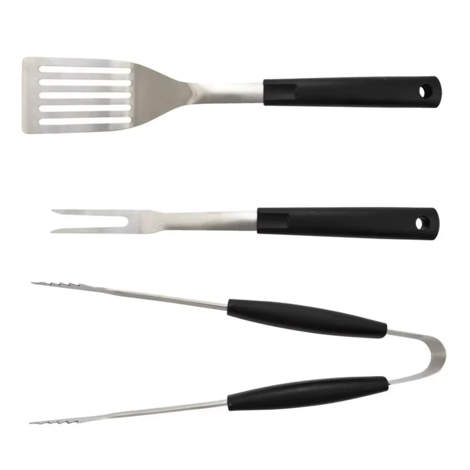 3 Piece Stainless Steel Barbecue Tool Set Fork Tongs Spatula Grilling Utensils Durable Plastic Handle