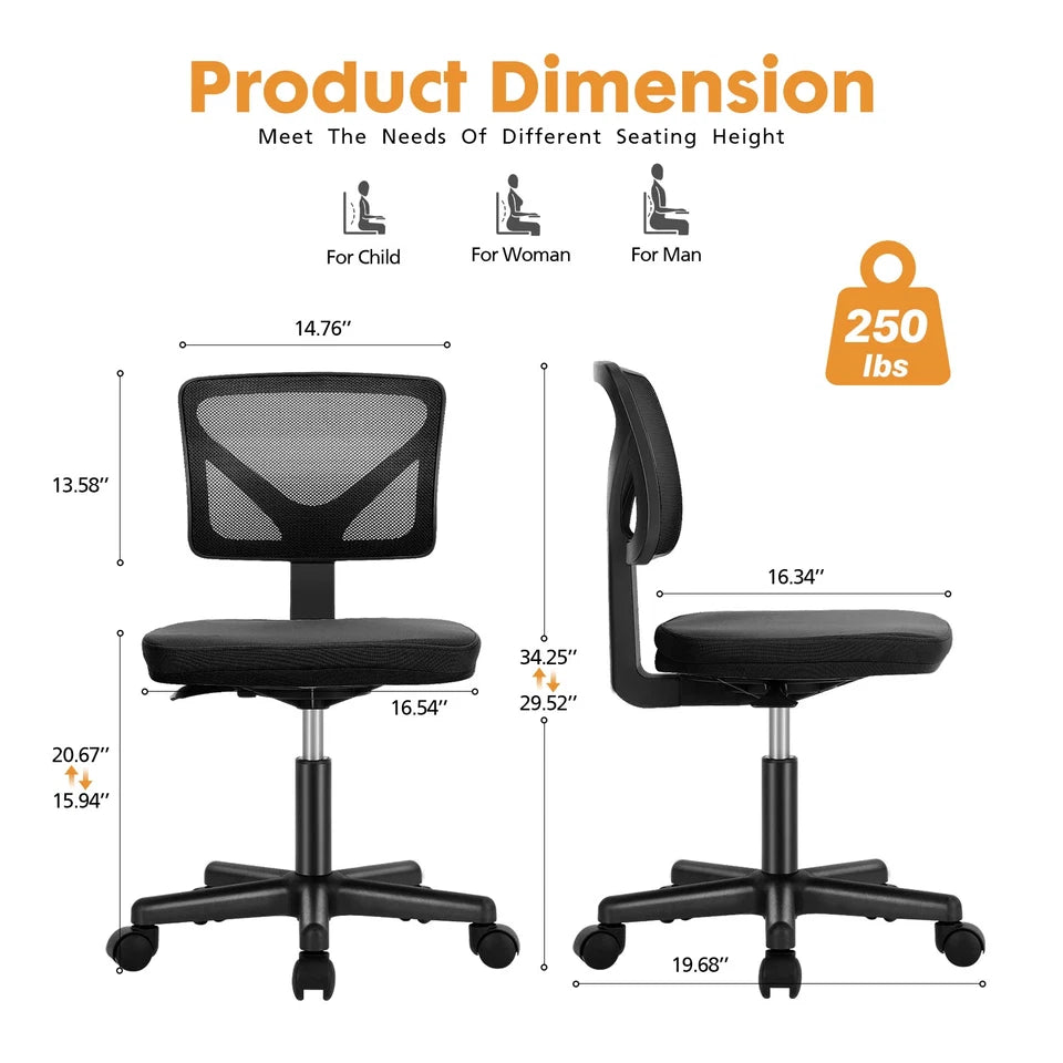 Mesh with Lumbar Support Armless Office Chair Low Back with Wheels Adjustable Height 360° Rolling