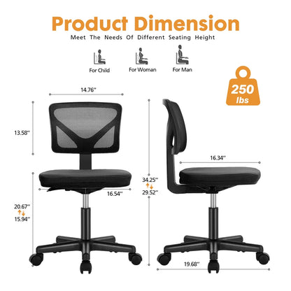 Mesh with Lumbar Support Armless Office Chair Low Back with Wheels Adjustable Height 360° Rolling