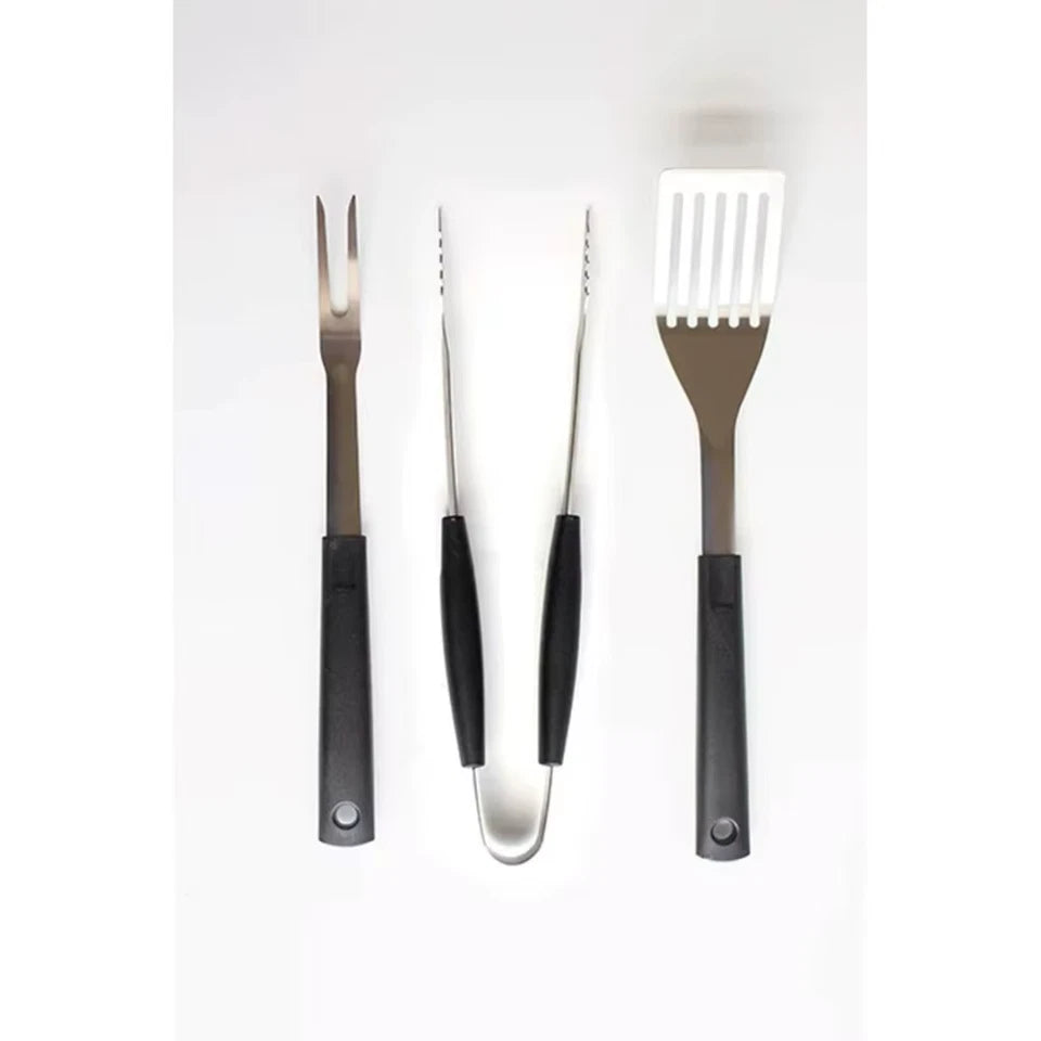 3 Piece Stainless Steel Barbecue Tool Set Fork Tongs Spatula Grilling Utensils Durable Plastic Handle