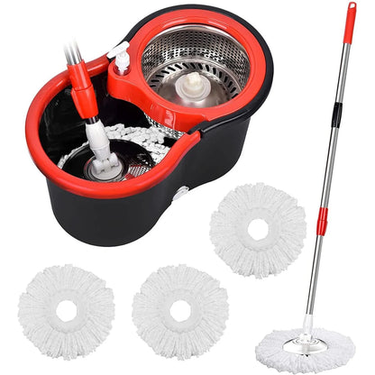 360° Spin Mop Bucket Sets with Wring System in 3 Microfiber Heads Stainless Steel Basket 61" Extended Handle